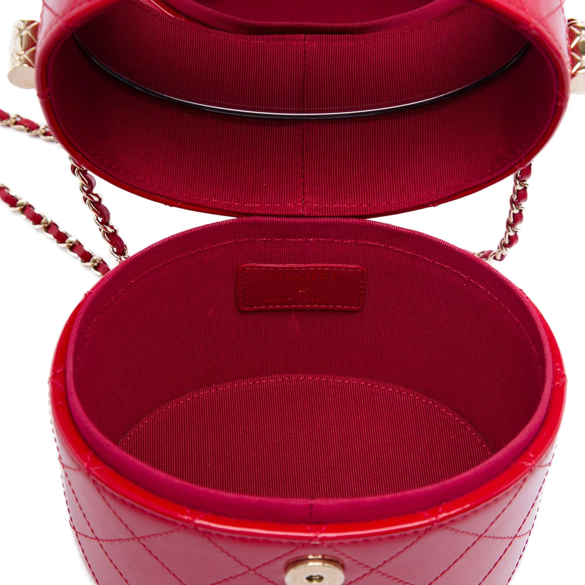 Chanel CC Quilted Patent Round Vanity Case with Chain