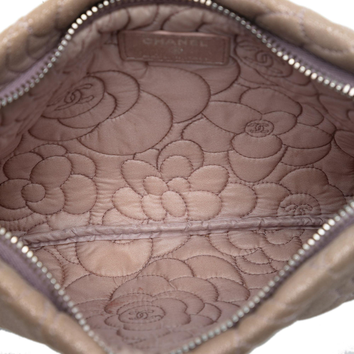 Chanel Embossed Metallic Lambskin Camellia Chain Pochette