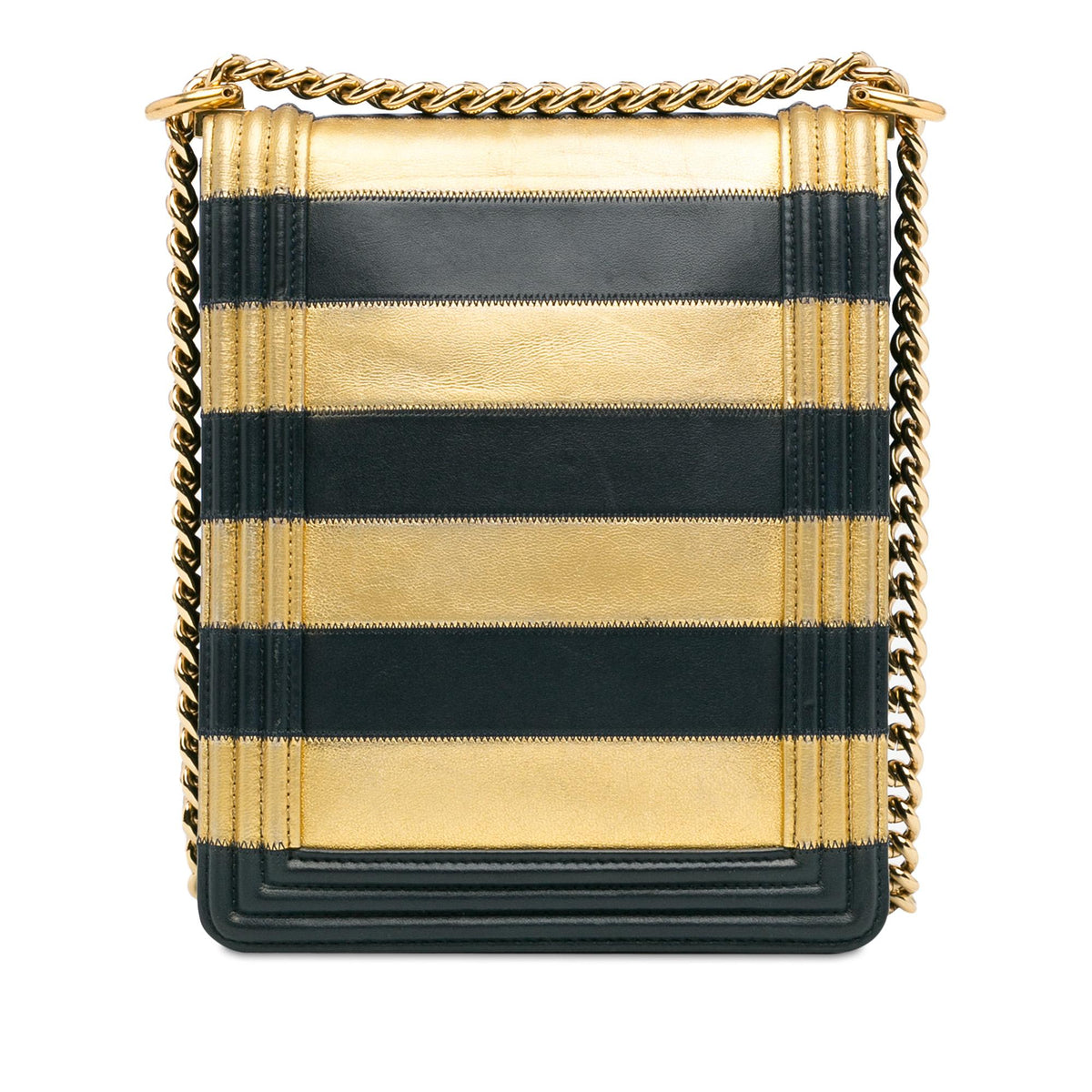 Chanel Paris New York Metallic Lambskin Striped North South Boy Flap