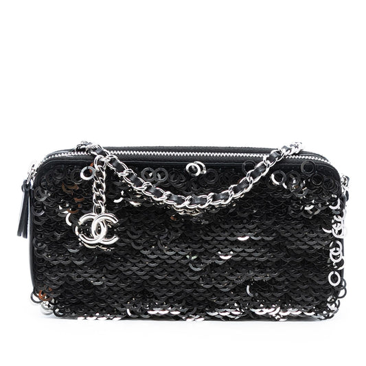 Chanel CC Calfskin and Sequin Double Zip Wallet on Chain