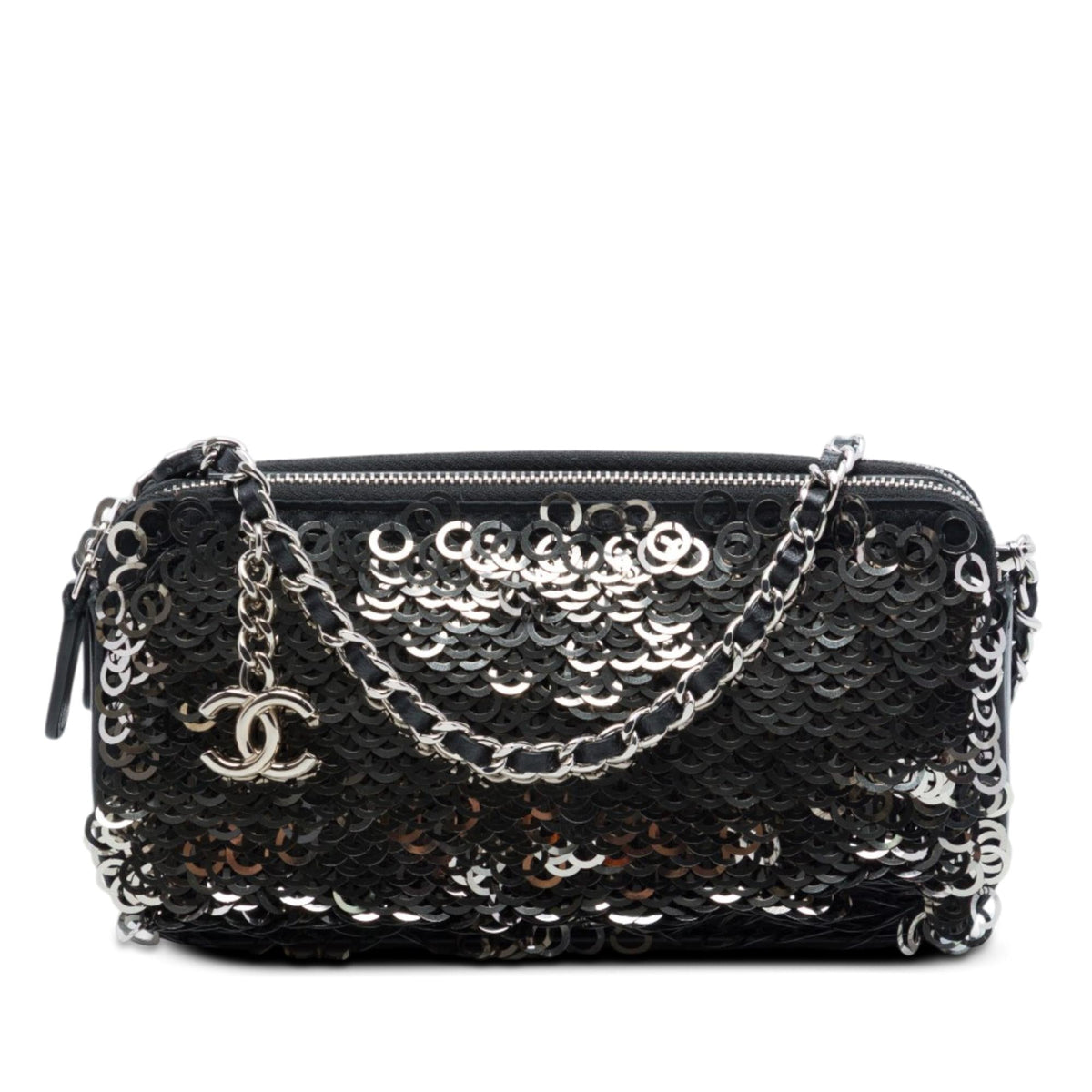 Chanel CC Calfskin and Sequin Double Zip Wallet on Chain
