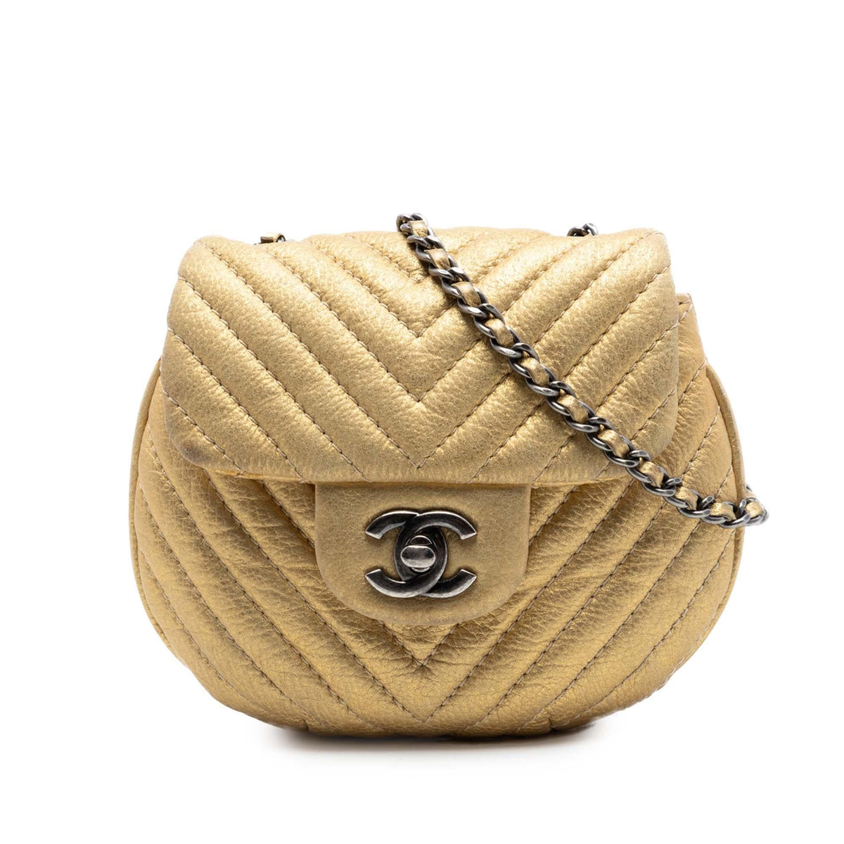 Chanel CC Chevron Metallic Aged Calfskin Bubble Flap