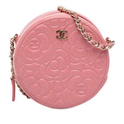 Chanel CC Embossed Caviar Camellia Round Clutch With Chain