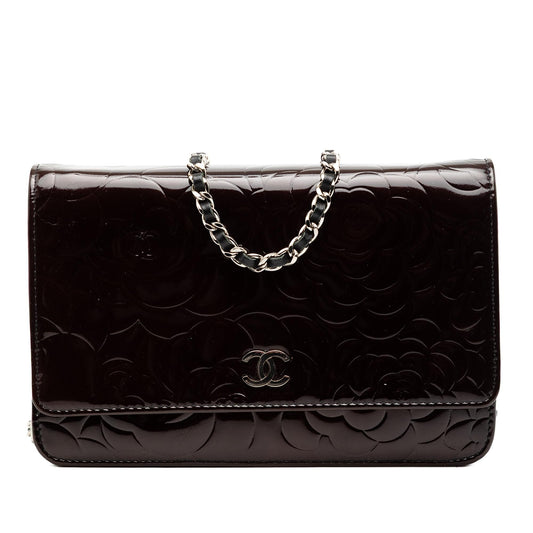 Chanel CC Embossed Patent Camellia Wallet On Chain
