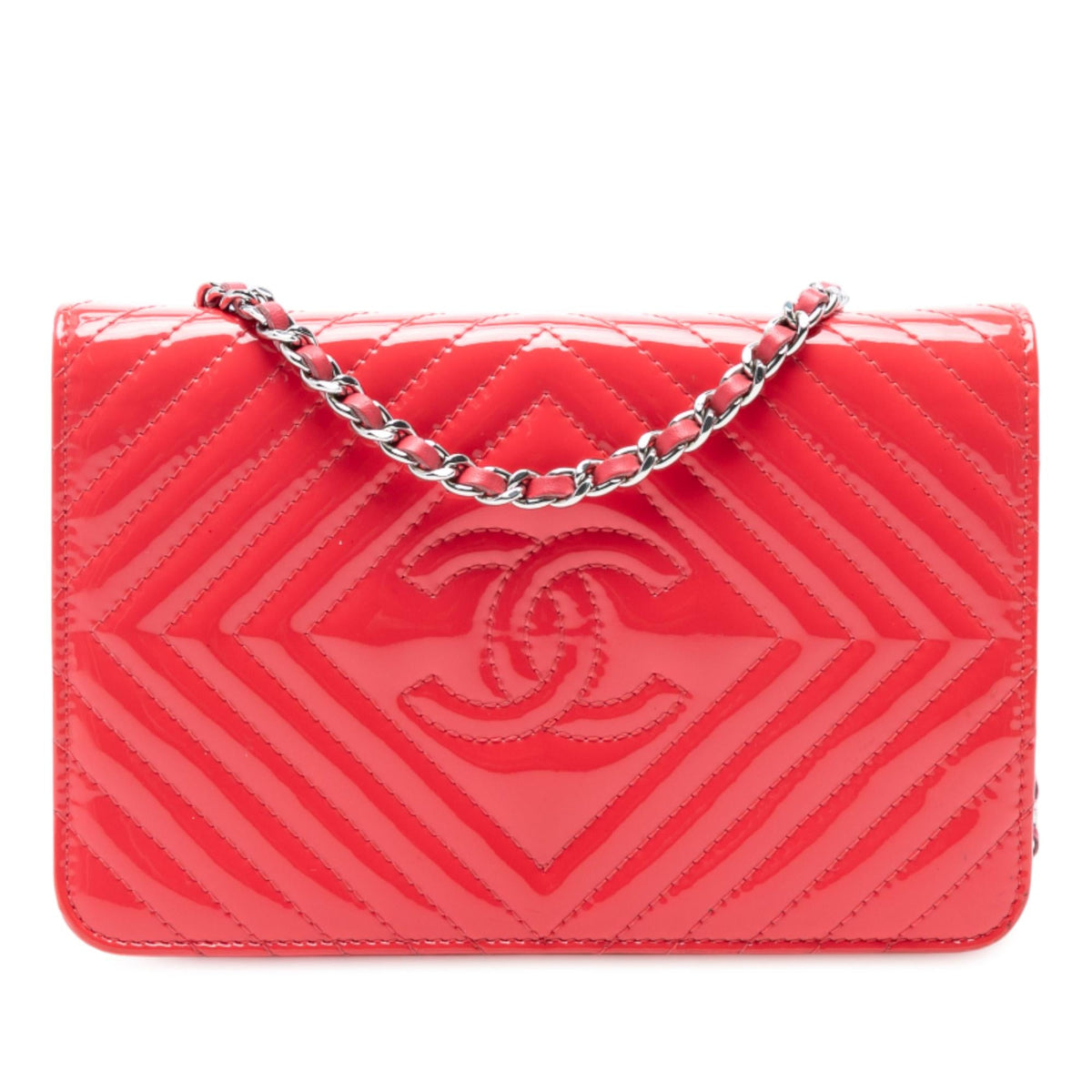 Chanel CC Patent Diamond Quilted Wallet On Chain