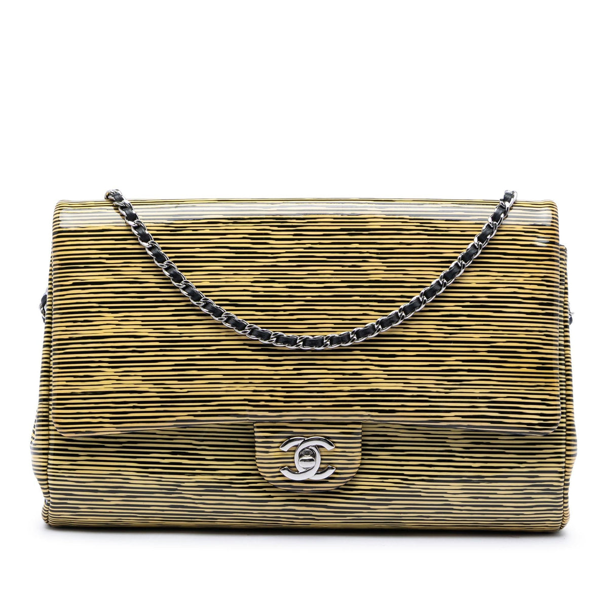 Chanel CC Patent Striped Flap Clutch with Chain