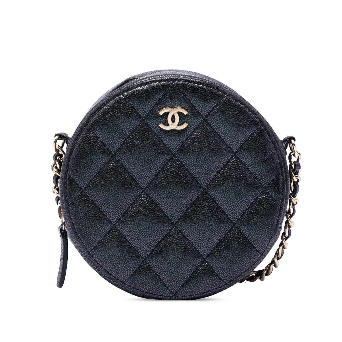 Chanel CC Quilted Iridescent Caviar Round Clutch With Chain