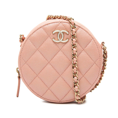 Chanel CC Quilted Iridescent Caviar Round Clutch With Chain