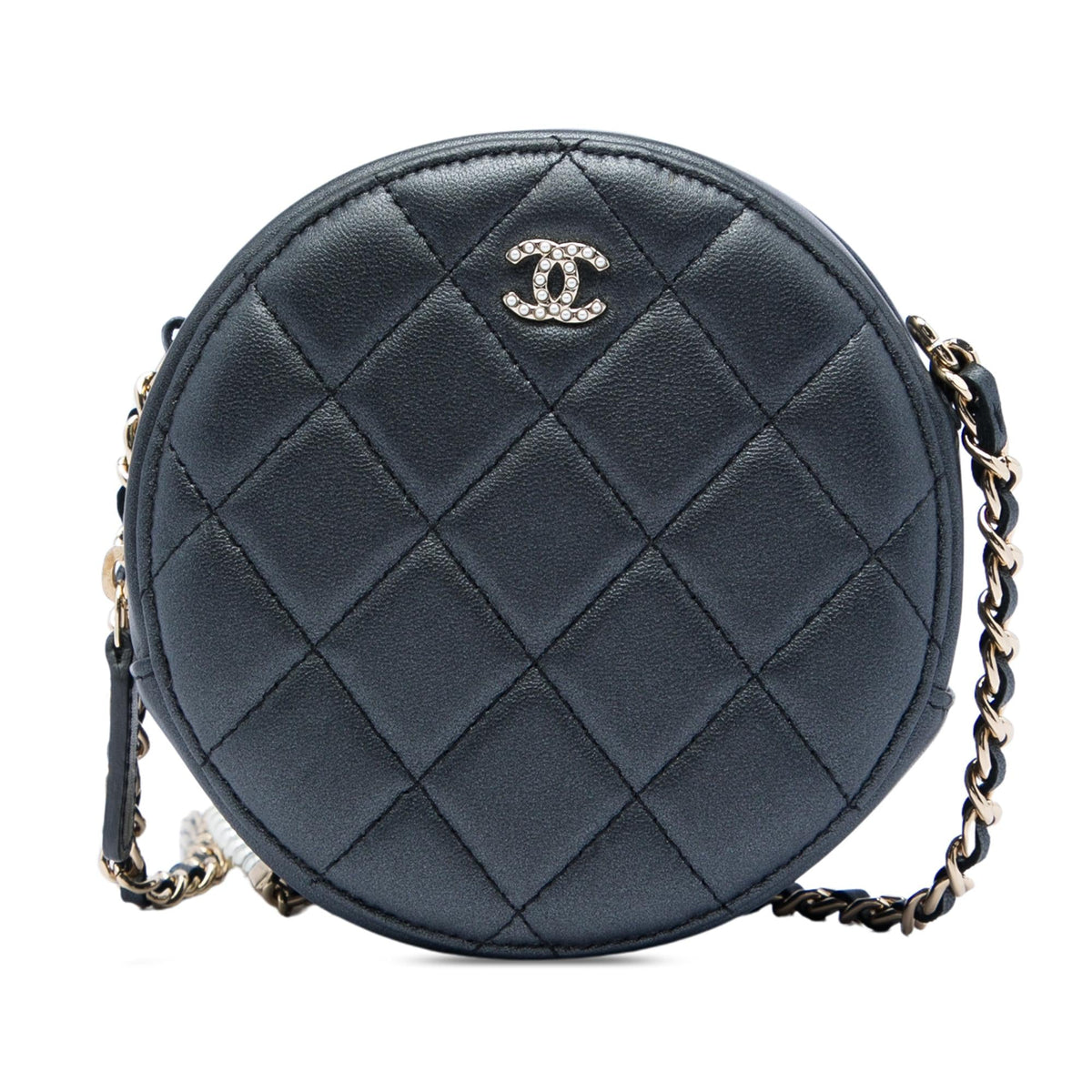 Chanel CC Quilted Iridescent Lambskin Pearl Round Clutch with Chain