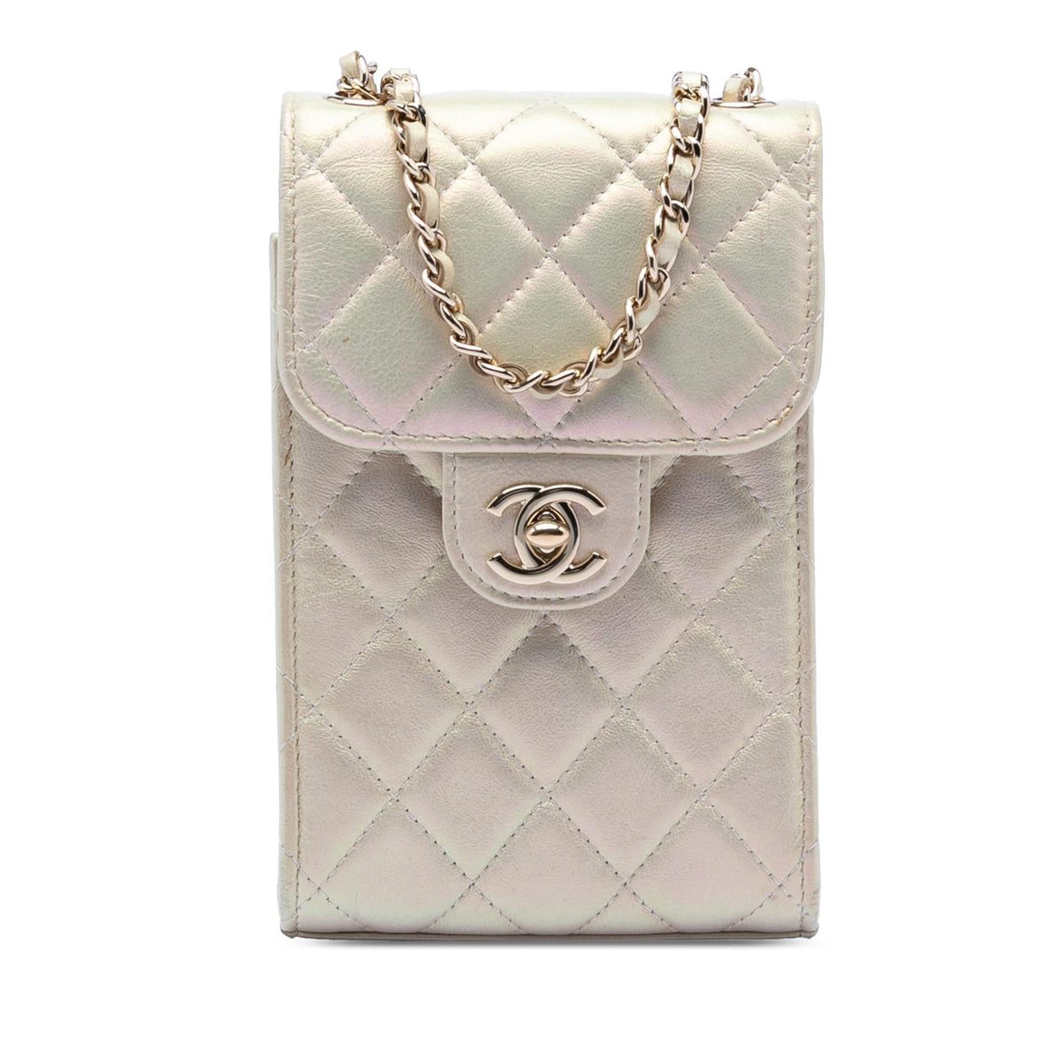 Chanel CC Quilted Iridescent Lambskin Phone Holder with Chain
