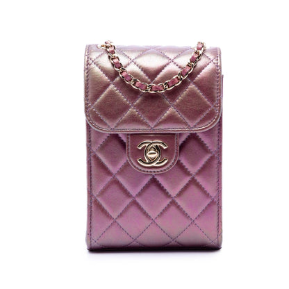 Chanel CC Quilted Iridescent Lambskin Phone Holder with Chain