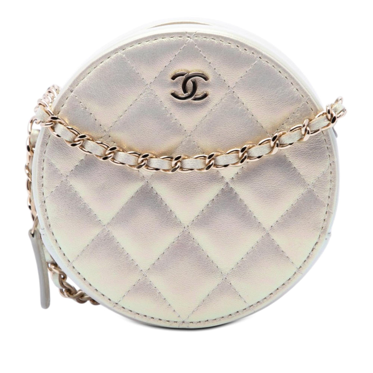 Chanel CC Quilted Iridescent Lambskin Round Clutch With Chain