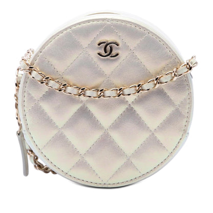 Chanel CC Quilted Iridescent Lambskin Round Clutch With Chain