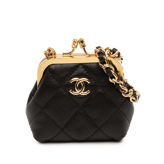 Chanel CC Quilted Lambskin Kiss Lock Clutch with Chain