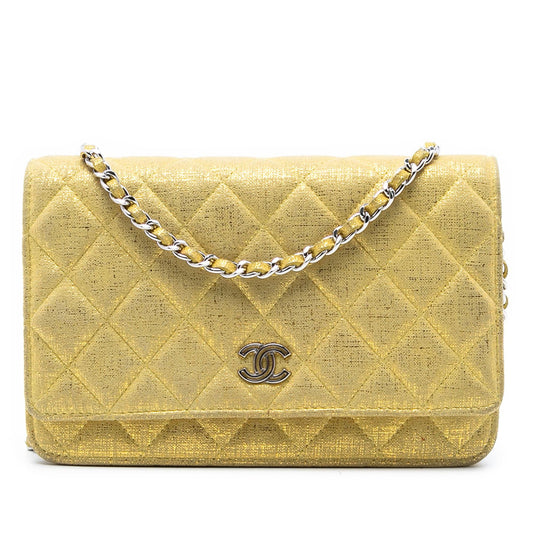 Chanel CC Quilted Metallic Fabric Wallet On Chain