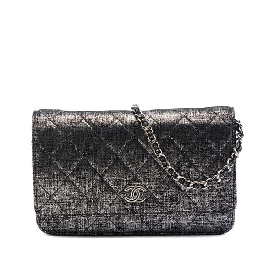 Chanel CC Quilted Metallic Fabric Wallet On Chain