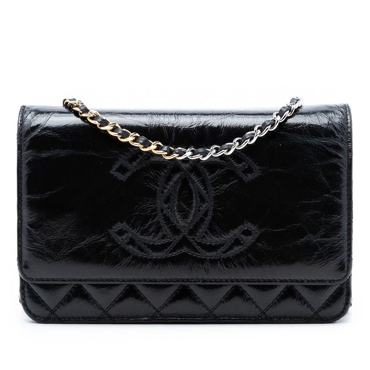 Chanel CC Quilted Shiny Aged Calfskin Wallet On Chain
