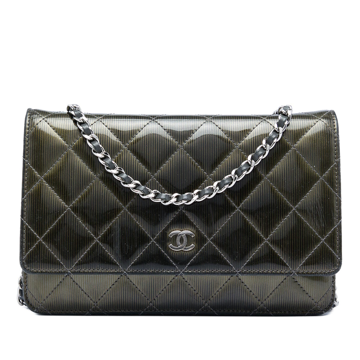 Chanel CC Quilted Striated Metallic Patent Wallet on Chain
