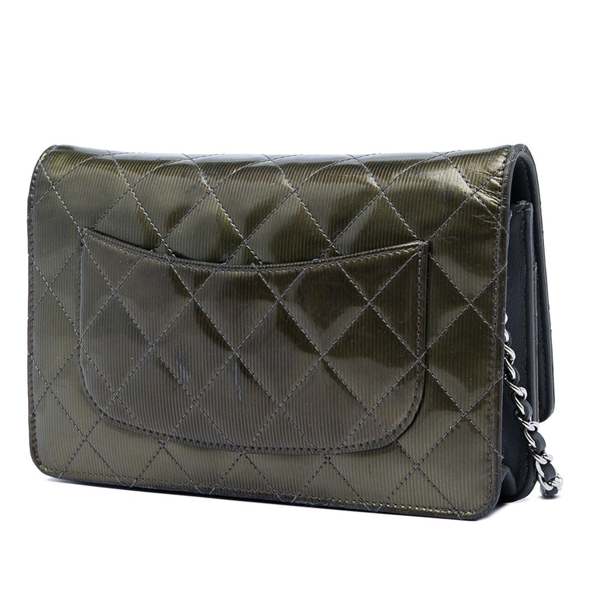 Chanel CC Quilted Striated Metallic Patent Wallet on Chain