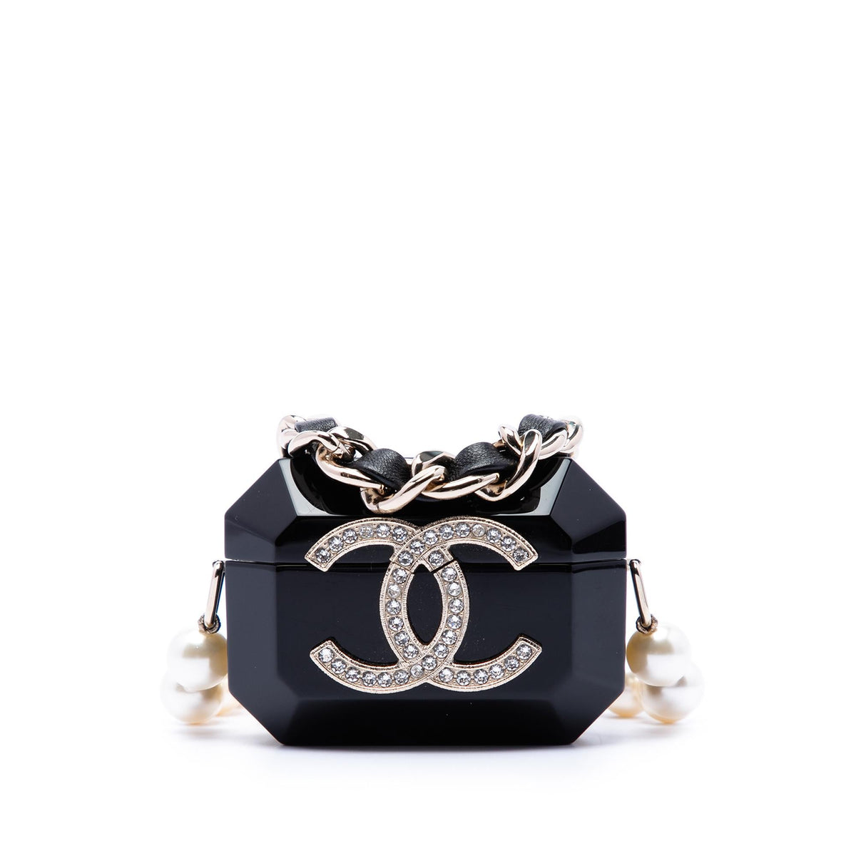 Chanel CC Resin Crystal Faux Pearl Airpods Pro Holder Necklace Bag
