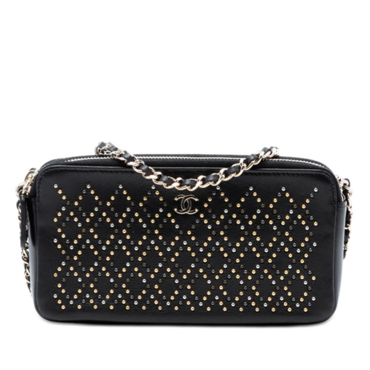 Chanel CC Studded Lambskin Double Zip Clutch with Chain