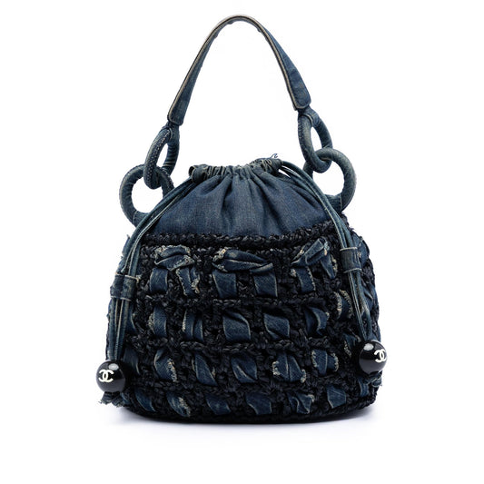 Chanel CC Woven Denim and Raffia Drawstring Bucket Bag