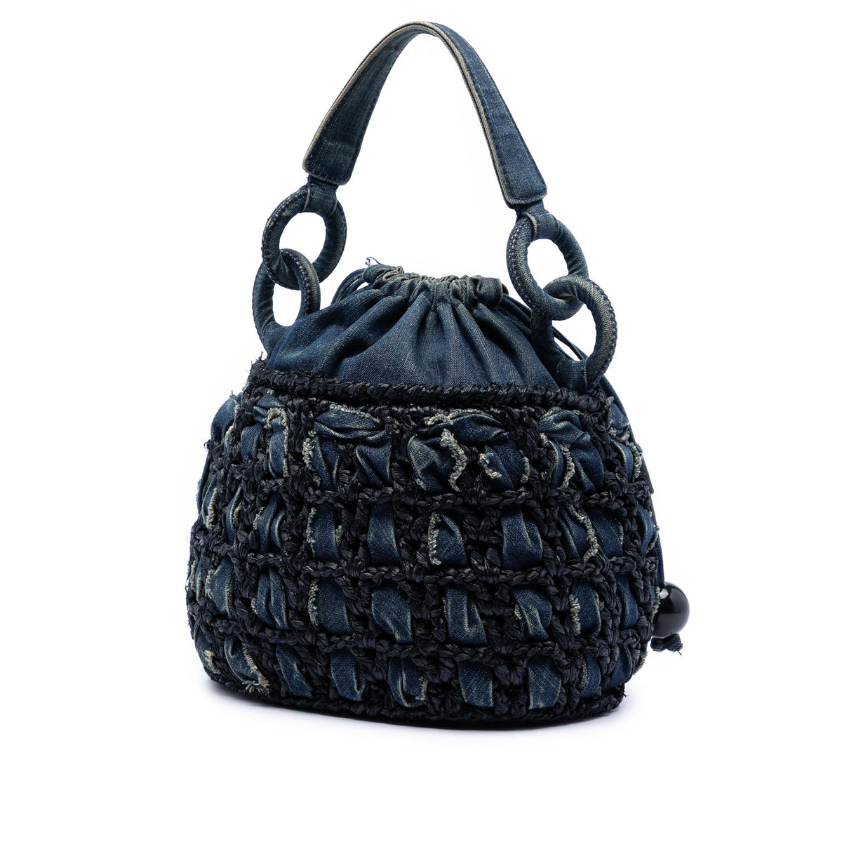 Chanel CC Woven Denim and Raffia Drawstring Bucket Bag