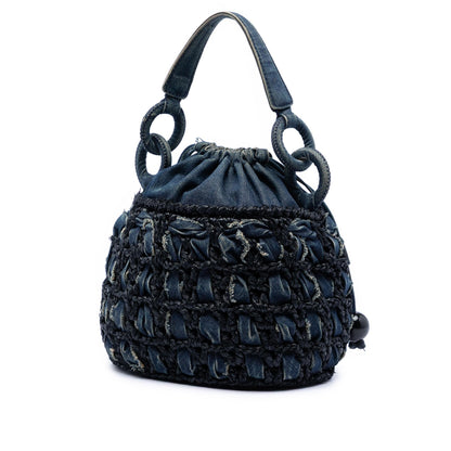 Chanel CC Woven Denim and Raffia Drawstring Bucket Bag