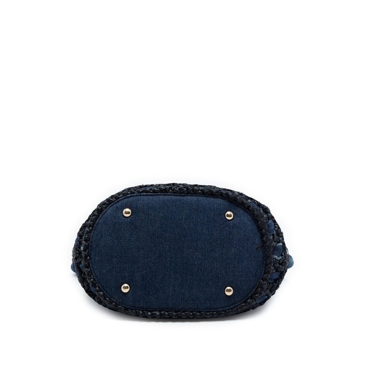 Chanel CC Woven Denim and Raffia Drawstring Bucket Bag