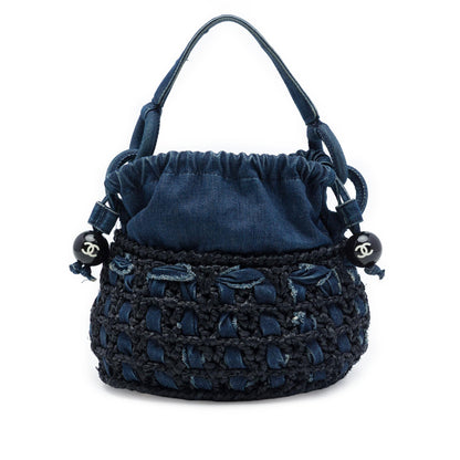 Chanel CC Woven Denim and Raffia Drawstring Bucket Bag