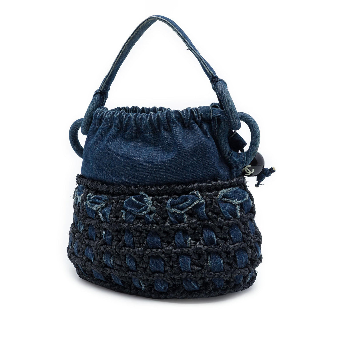 Chanel CC Woven Denim and Raffia Drawstring Bucket Bag