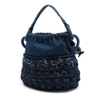 Chanel CC Woven Denim and Raffia Drawstring Bucket Bag