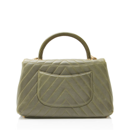 Chanel Chevron Aged Calfskin Lizard Coco Top Handle Large Flap Bag