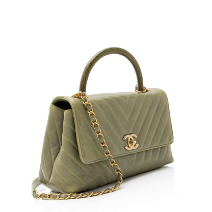 Chanel Chevron Aged Calfskin Lizard Coco Top Handle Large Flap Bag
