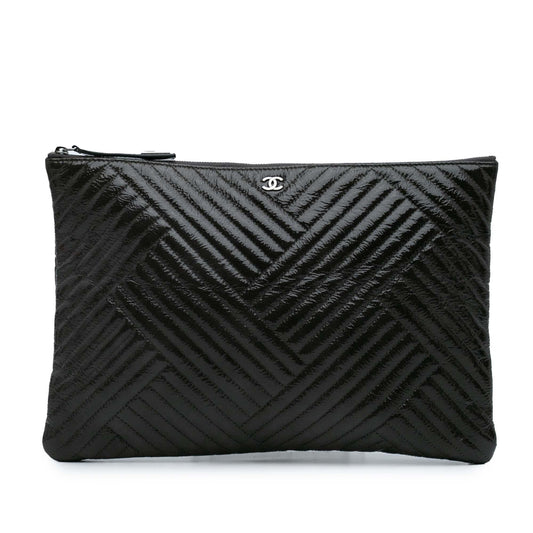 Chanel Large CC Distressed Quilted Patent Chevron Crossing O Case
