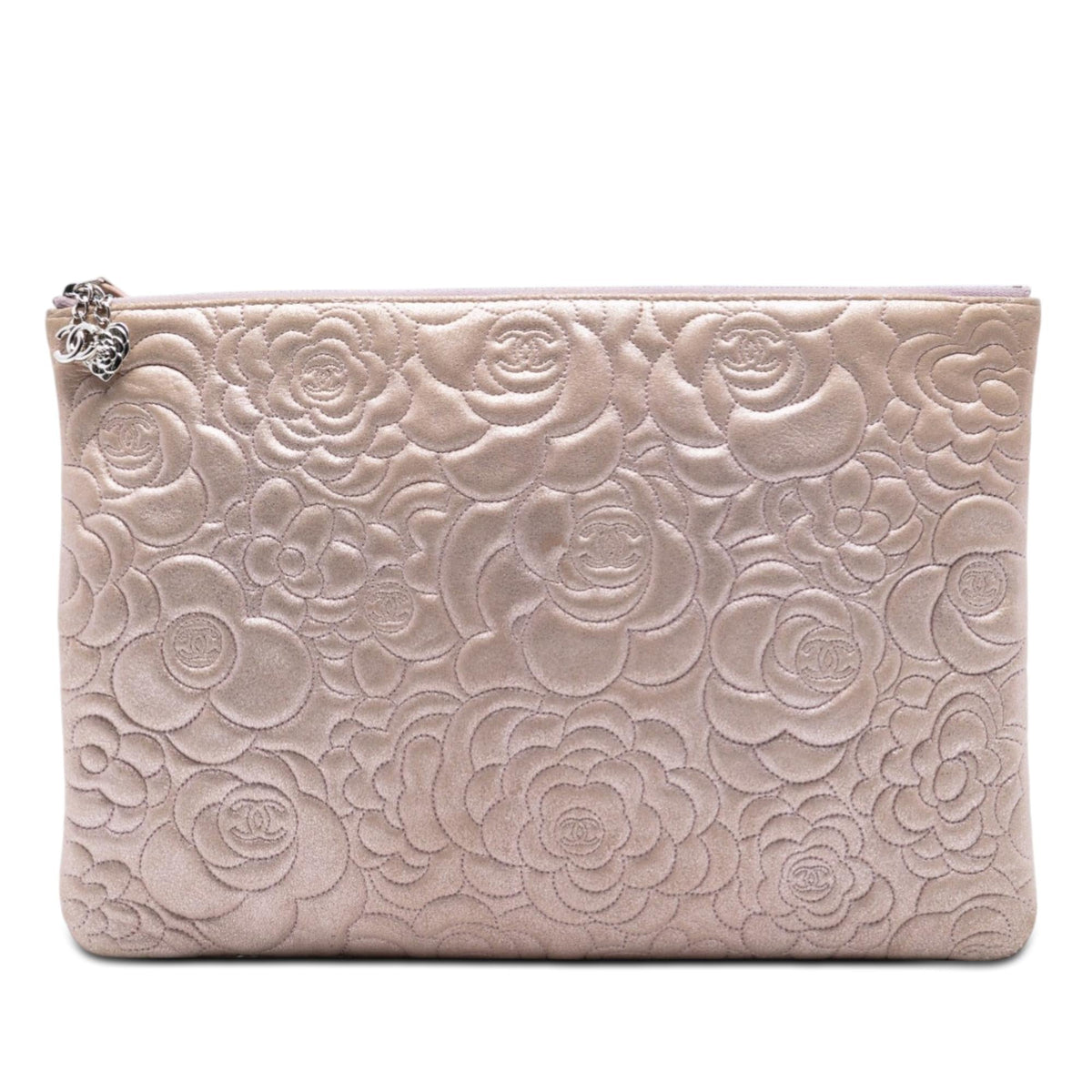 Chanel Large CC Embossed Metallic Lambskin Camellia O Case Clutch