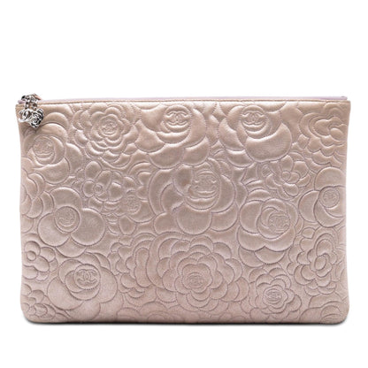 Chanel Large CC Embossed Metallic Lambskin Camellia O Case Clutch