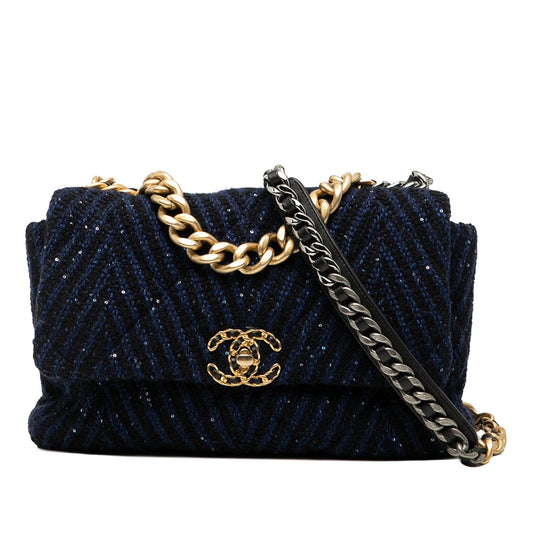 Chanel Large Chevron Tweed Sequin 19 Flap