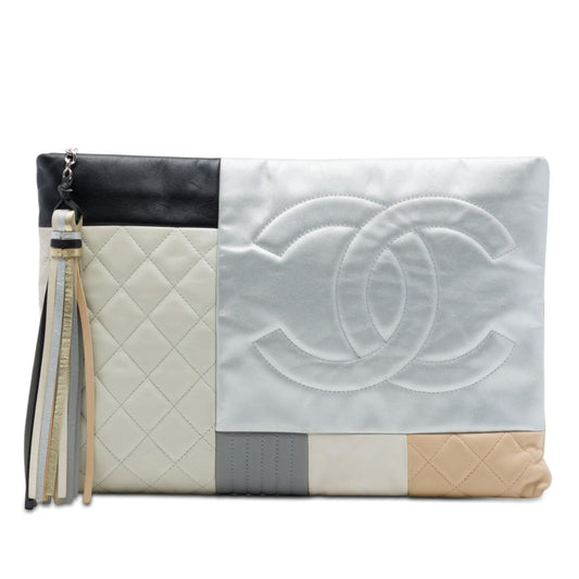 Chanel Large Quilted Lambskin Colorblock Patchwork O Case Clutch