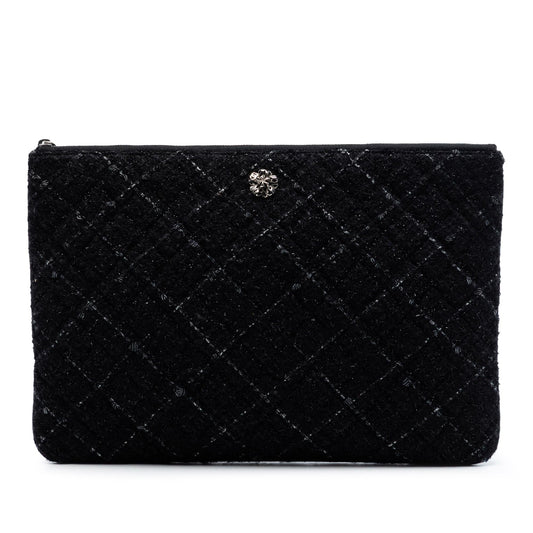 Chanel Large Quilted Tweed and Lambskin Camellia O Case Clutch