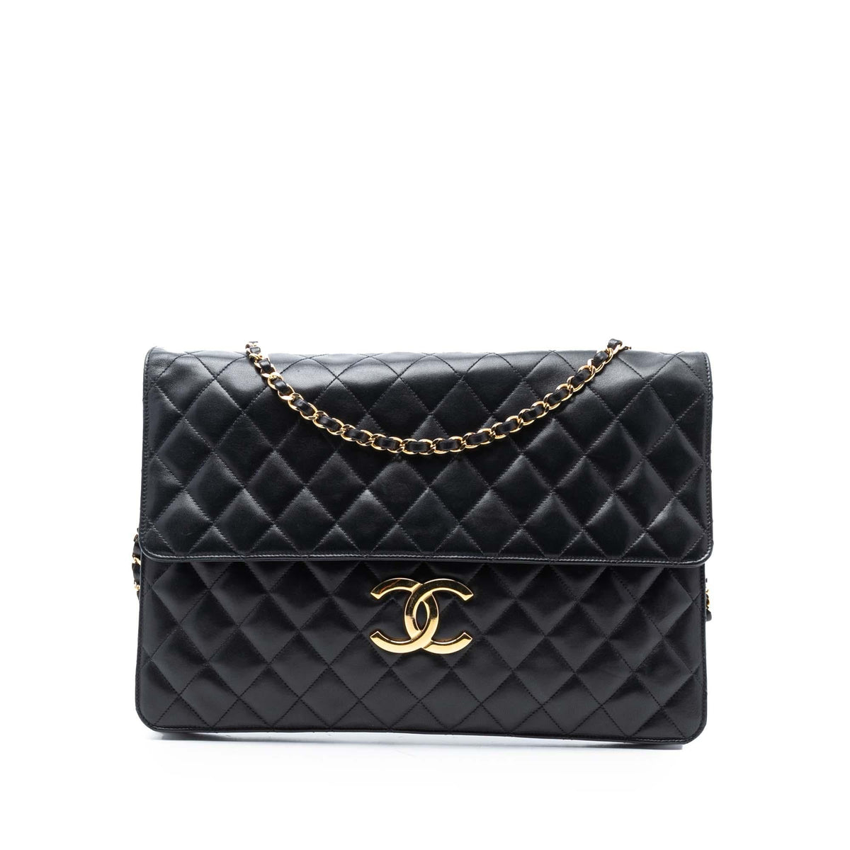 Chanel Maxi XL Quilted Lambskin Clutch with Chain