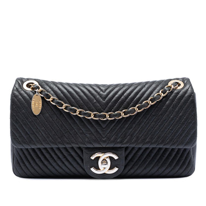 Chanel Medium Chevron Wrinkled Calfskin Medallion Charm Flap