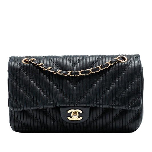 Chanel Medium Classic Chevron Calfskin Pleated Double Flap