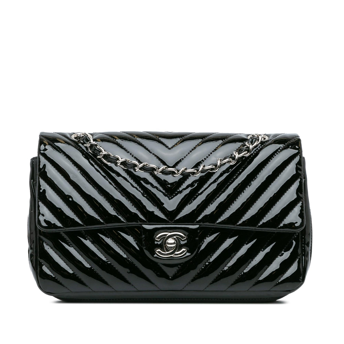 Chanel Medium Classic Chevron Patent Double Flap