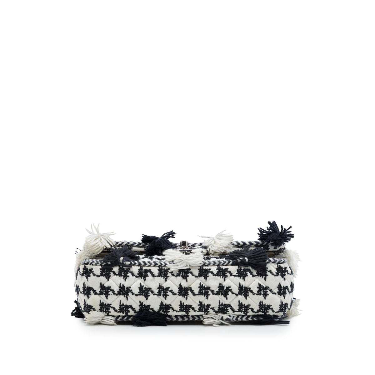 Chanel Medium Classic Embroidered Canvas Houndstooth Pom Pom Flap