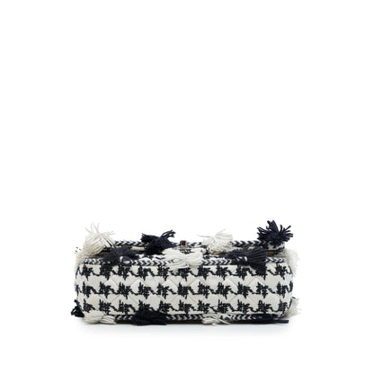 Chanel Medium Classic Embroidered Canvas Houndstooth Pom Pom Flap