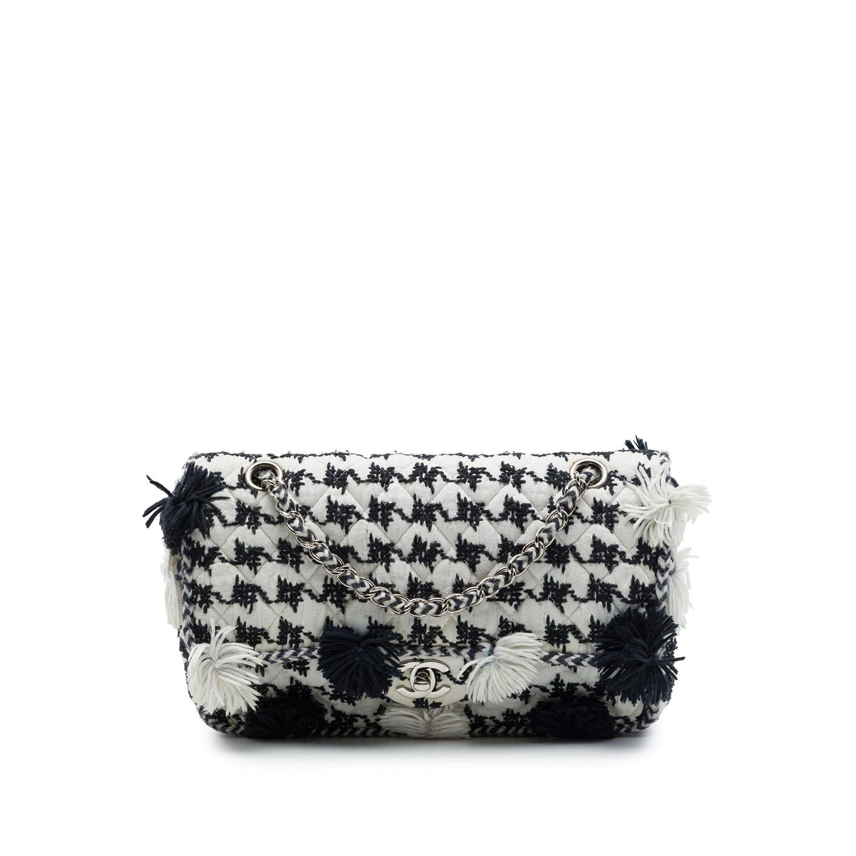 Chanel Medium Classic Embroidered Canvas Houndstooth Pom Pom Flap