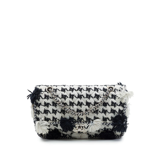 Chanel Medium Classic Embroidered Canvas Houndstooth Pom Pom Flap