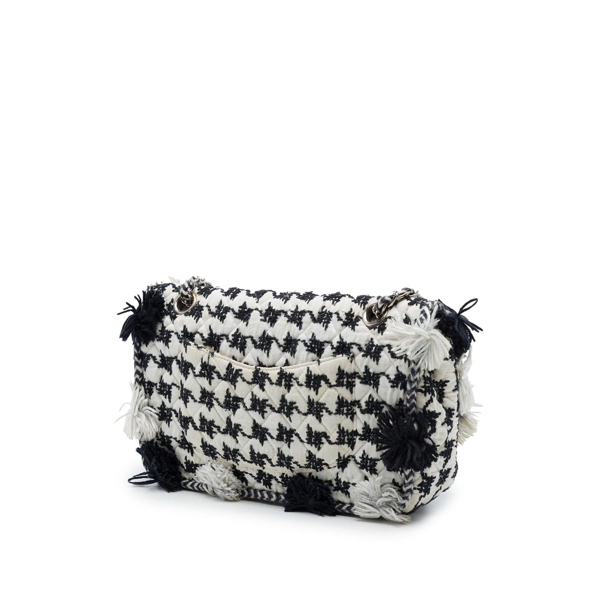Chanel Medium Classic Embroidered Canvas Houndstooth Pom Pom Flap