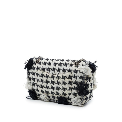 Chanel Medium Classic Embroidered Canvas Houndstooth Pom Pom Flap